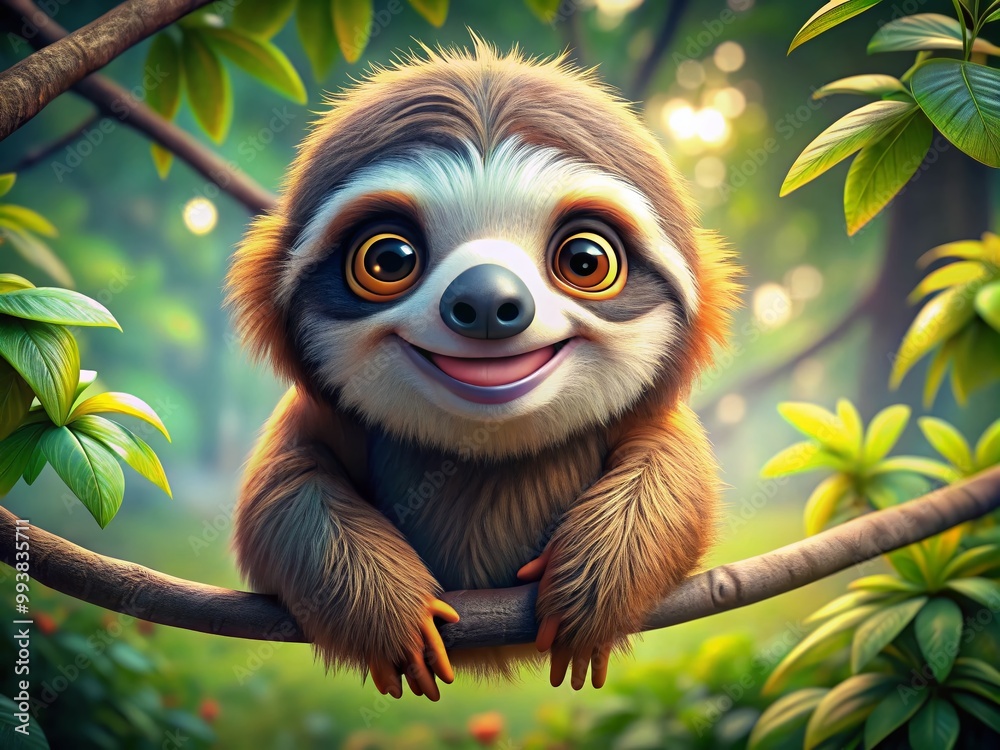Obraz premium Adorable Sloth Cartoon Character Hanging from a Tree Branch with a Cheerful Expression and Colors