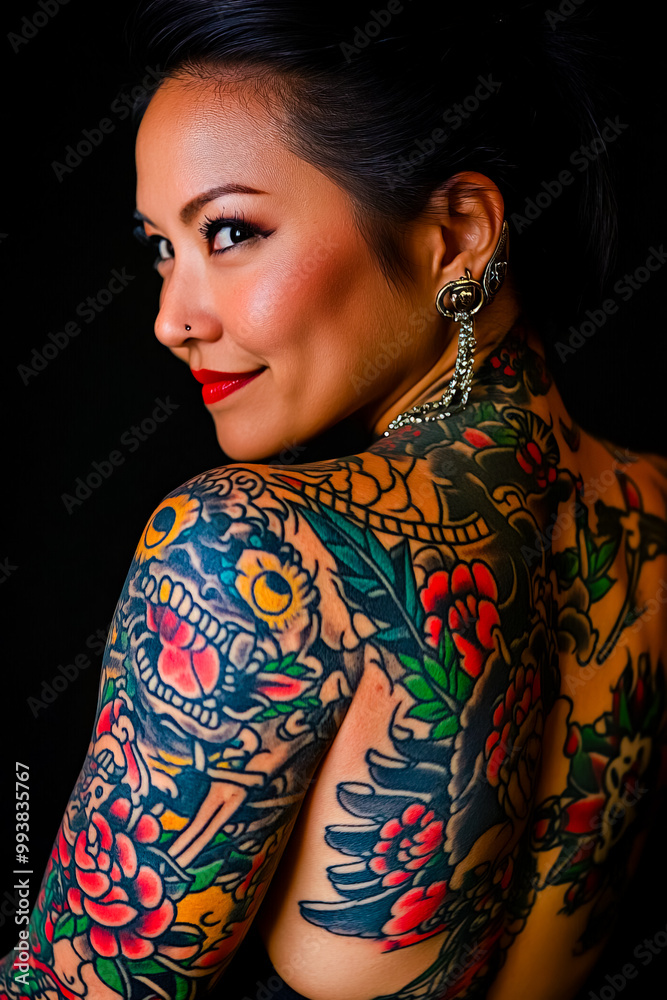 Asian woman with old-school tattoos.