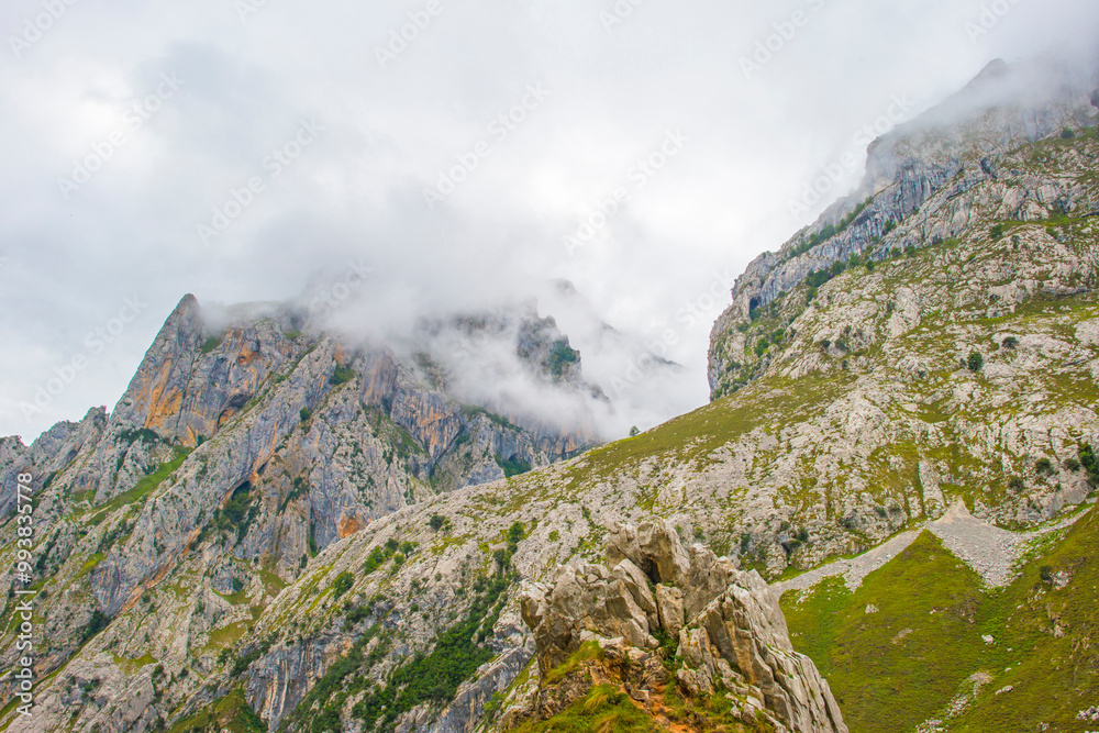 View of the fascinating variety of the mountains of the Peaks of Europe in the Parque Nacional Picos de Europa, Cabrales, Asturias, Spain, September 10, 2024 View of the fascinating variety of the mountains of the Peaks of Europe in the Parque Nacional Picos de Europa, Cabrales, Asturias, Spain, September 10, 2024