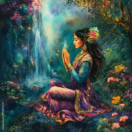 Mystical Woman in Nature with Waterfall Painting