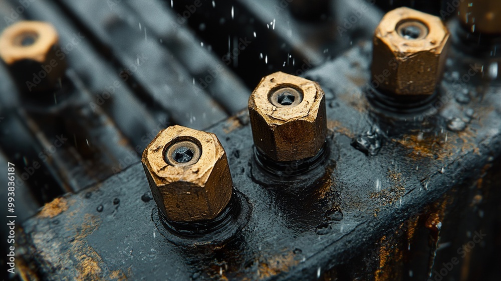 Close-Up of Rusty Metal Nuts and Bolts with Water Drops Close-Up of Rusty Metal Nuts and Bolts with Water Drops