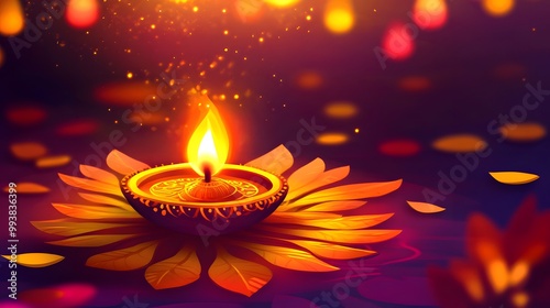 Diwali Festival: Illuminated Diya with Golden Petals