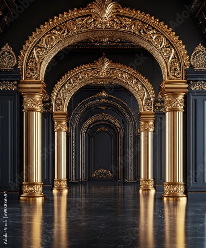 Grand Palace Hallway with Ornate Arches and Chandeliers