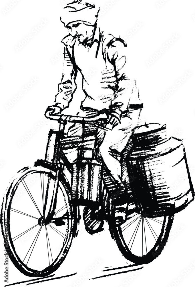 Obraz premium Detailed Hand-Drawn Illustration of a Man Riding a Bicycle with Goods Vintage Black and White Sketch Depicting Rural Transportation and Everyday Life for Creative Projects, Designers, clipart 