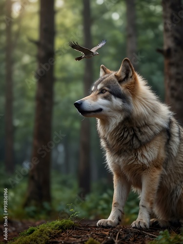 Cute wolf with a bird in a cartoon forest.