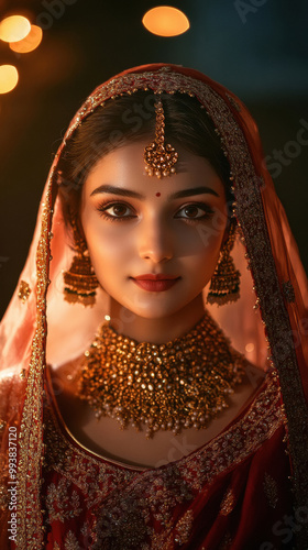 A gorgeous Indian bride dressed in a luxurious lehenga with jwellery photo