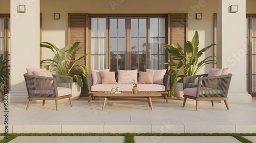 Modern Patio Furniture Set with Pink Cushions and Wooden Table