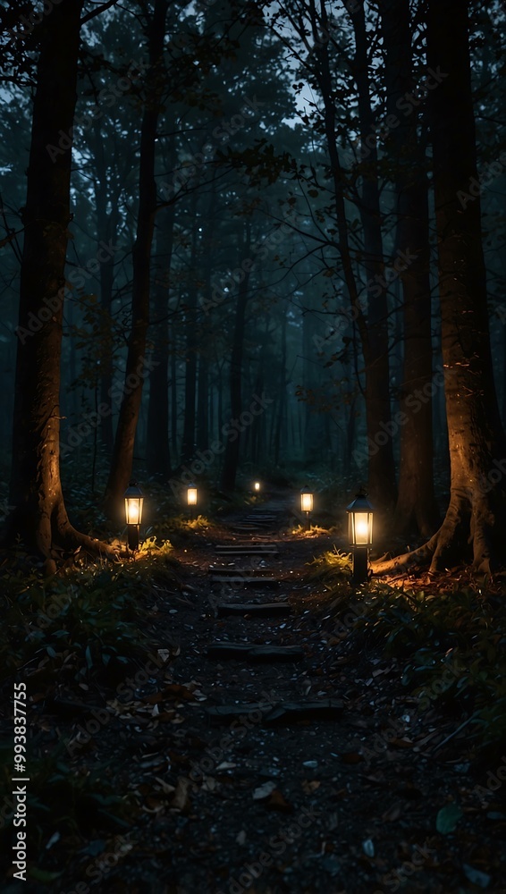 Dark path illuminated by flickering lanterns in a spooky forest. Dark path illuminated by flickering lanterns in a spooky forest.