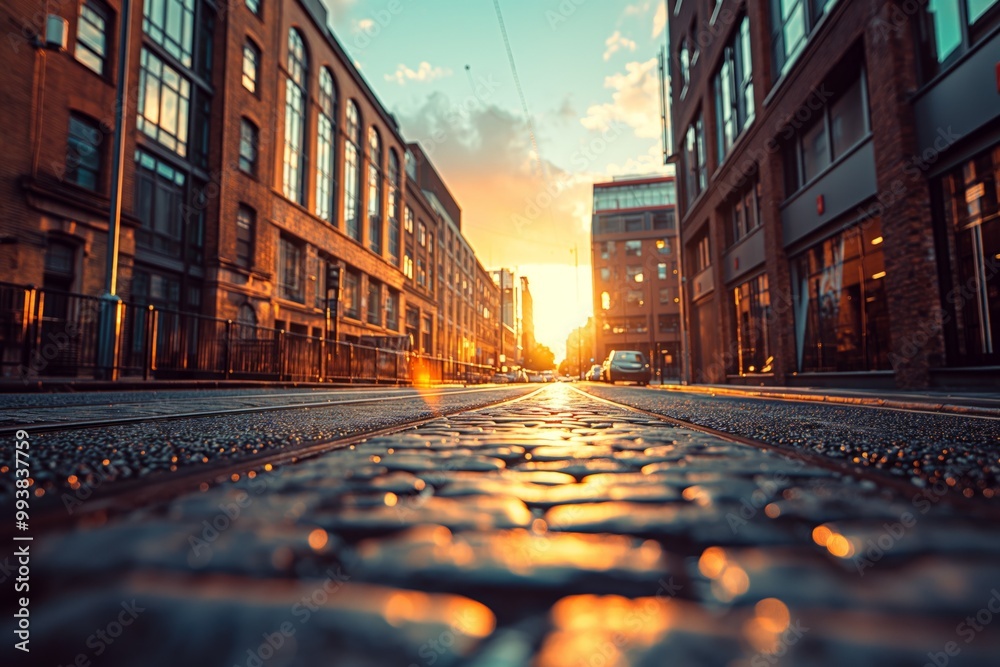 Obraz premium Cobblestone street leading to sunset in dublin city center