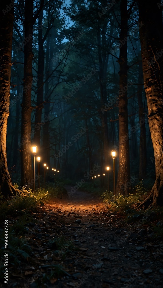 Dark path illuminated by flickering lanterns in a spooky forest. Dark path illuminated by flickering lanterns in a spooky forest.