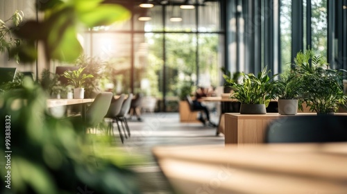 Contemporary office environment featuring wooden furniture and potted plants.