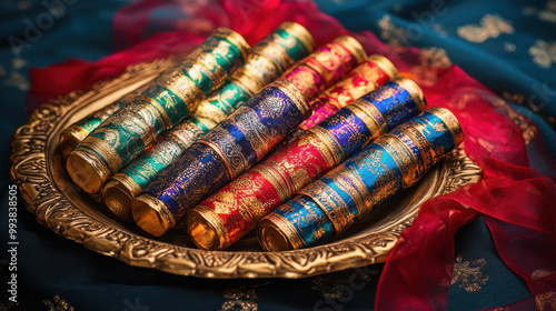 Festive arrangement of traditional Indian Diwali firecrackers with lamp wick on a bright violet fabric background. photo