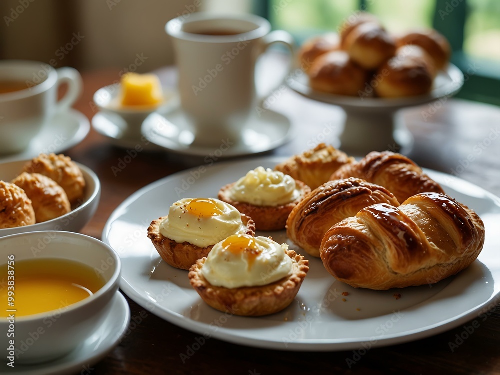 Delicious breakfast spread featuring pastries and honey clotted cream.
