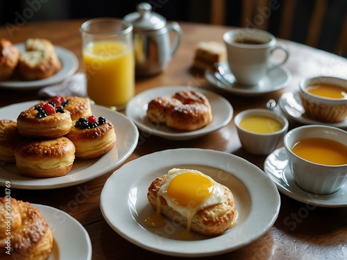 Delicious breakfast spread featuring pastries and honey clotted cream.