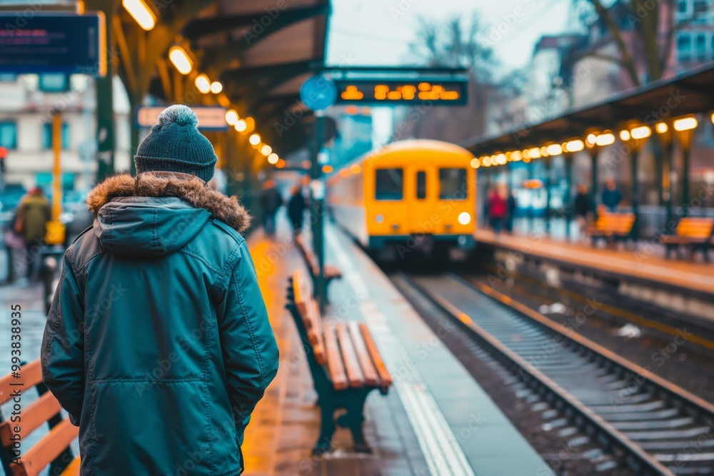Man waiting for train arriving at station platform
