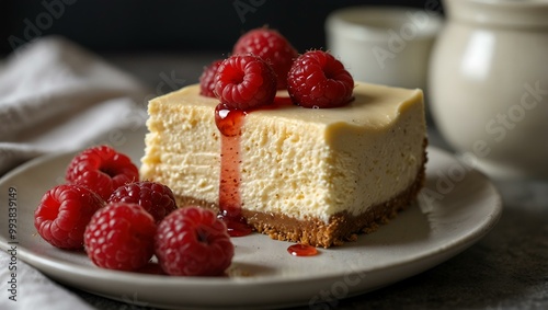 Delicious raspberry cheesecake on a plate with a bowl of raspberries.