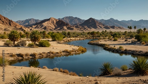 Desert oasis with rolling hills and palm trees.