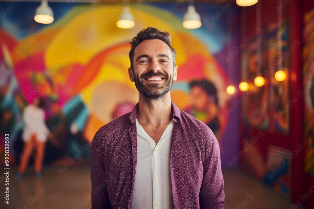 Fototapeta premium Portrait of a cheerful man in his 30s wearing a chic cardigan isolated on vibrant yoga studio background