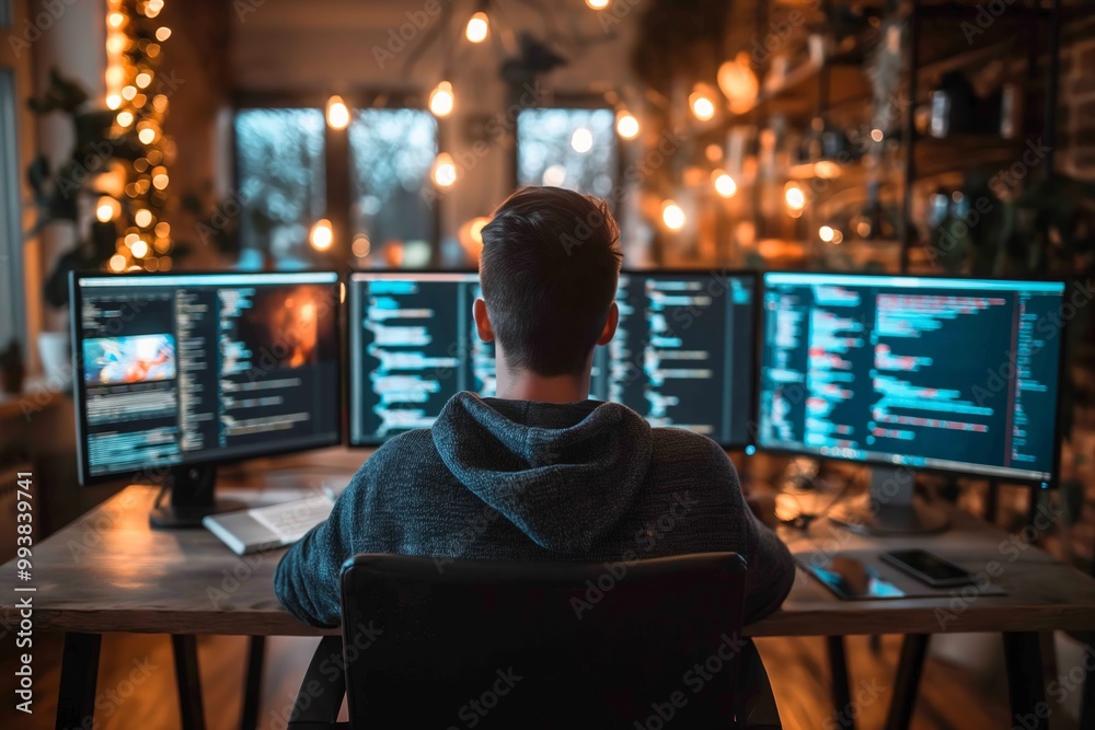 Programmer working from home at night using multiple monitors Programmer working from home at night using multiple monitors