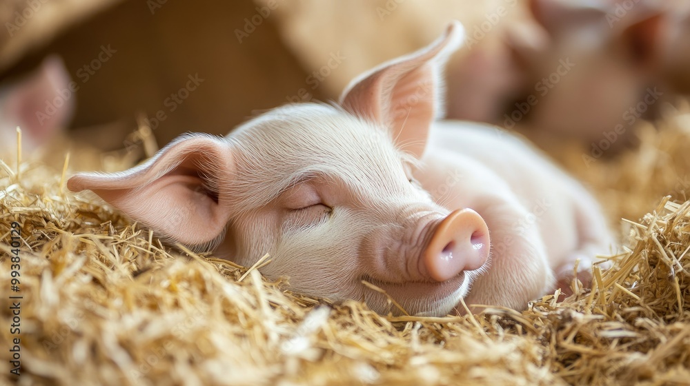 Baby piglet sleeping in hay, farmyard background with ample copy space for text. Baby piglet sleeping in hay, farmyard background with ample copy space for text.