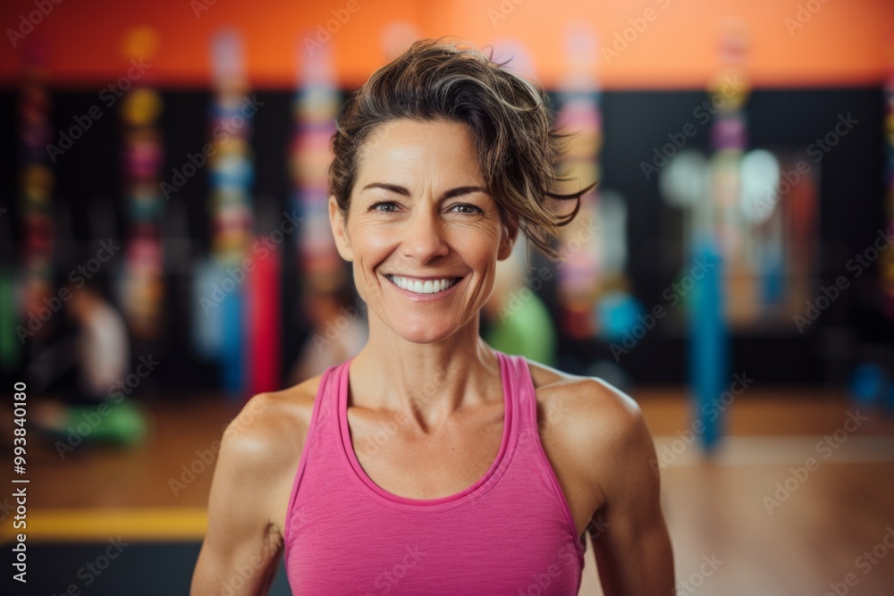 Portrait of a smiling woman in her 40s showing off a thermal merino wool top while standing against vibrant yoga studio background Portrait of a smiling woman in her 40s showing off a thermal merino wool top while standing against vibrant yoga studio background