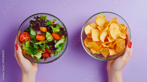 hands holding salad bowl and chips bowls on purple background weight loss concept