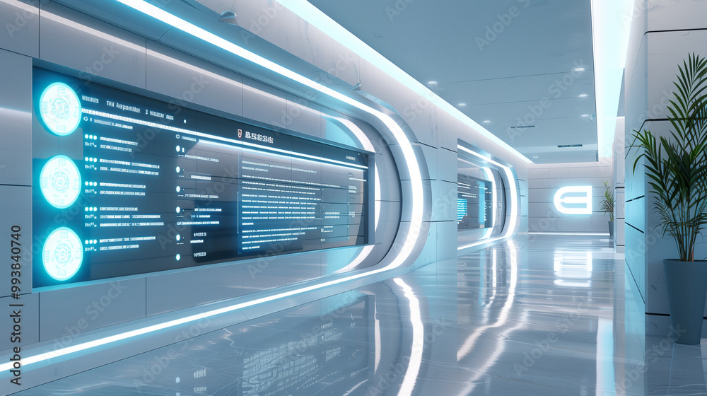 Futuristic corridor with glowing blue digital displays on sleek walls, reflecting on polished floors Futuristic corridor with glowing blue digital displays on sleek walls, reflecting on polished floors
