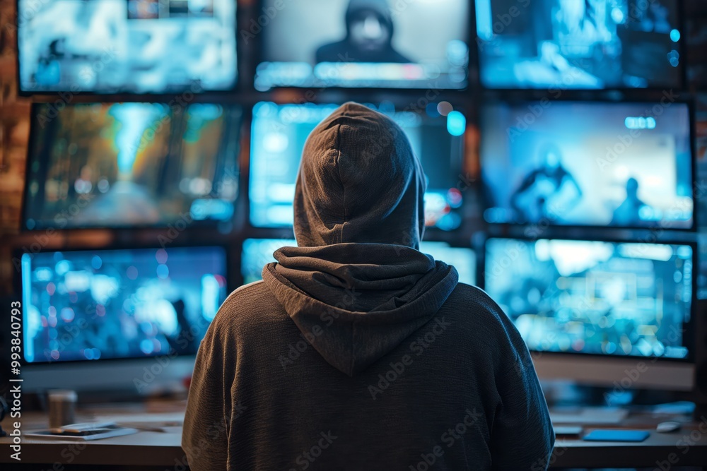 Cybersecurity specialist monitoring multiple screens for threats Cybersecurity specialist monitoring multiple screens for threats