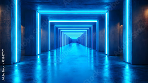 Neon Blue Lights in a Hallway - 3D Render