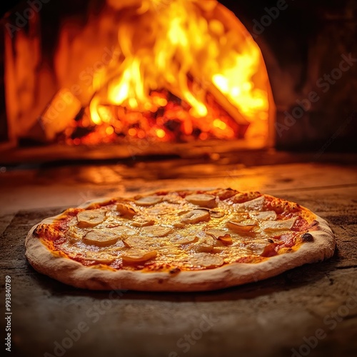 Fresh Baked Pizza with Traditional Wood-Fired Oven in the Background