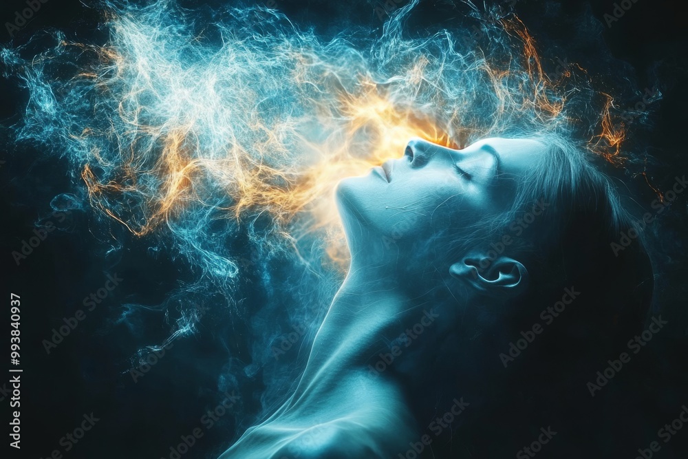Fototapeta premium Woman floating in space with glowing neural light symbolizing the concept of cosmic consciousness spiritual awakening and the infinite possibilities of the mind