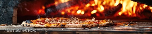 Fresh Baked Pizza with Traditional Wood-Fired Oven in the Background
