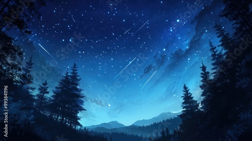 Night Sky with Shooting Stars over Forest