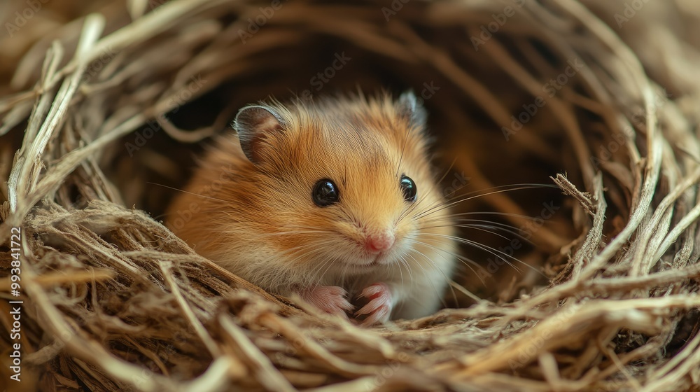 Close-up of a tiny hamster in its nest, gentle background with plenty of copy space for design.