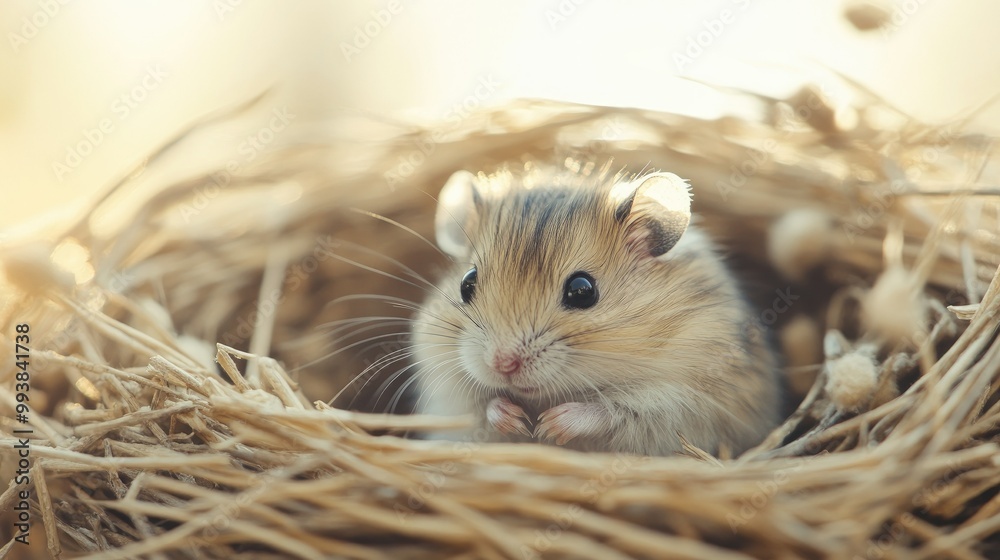 Close-up of a tiny hamster in its nest, gentle background with plenty of copy space for design. Close-up of a tiny hamster in its nest, gentle background with plenty of copy space for design.