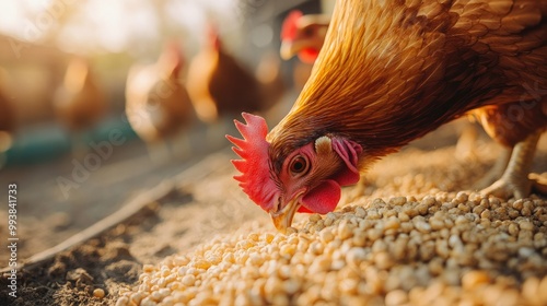 Close-up of chickens pecking grain on a sunny farmyard, no people, large copy space included. photo