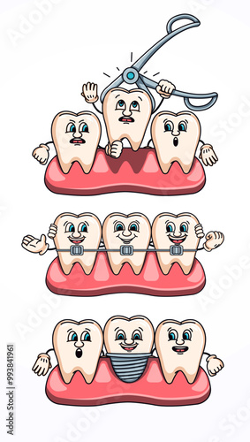 Tooth extraction, braces and dental implant cartoon. Suitable for health