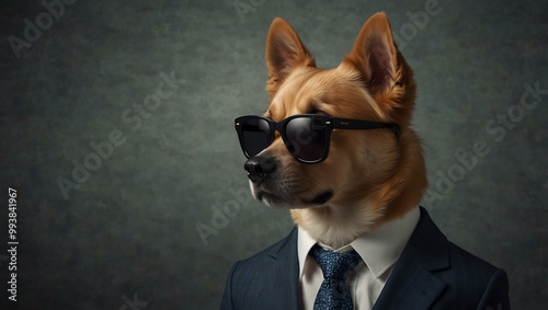 Dog in a business suit and sunglasses, a quirky marketing concept. photo