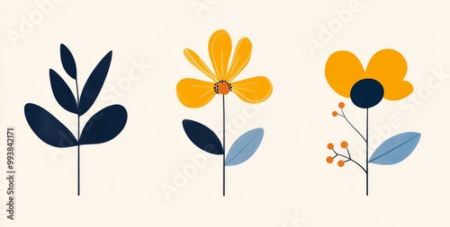 Minimalist Flat Illustration of Three Nature Symbols: Flowers, Leaves, and Petals on Off-White Background photo