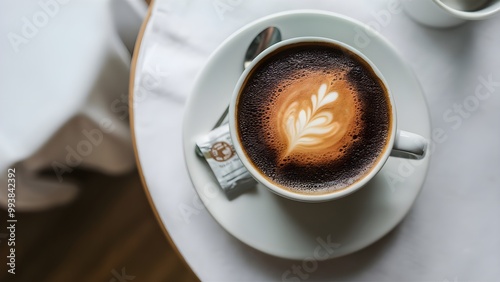 Coffee in the cup with coffee beans in the cafe hot coffee shop espresso made by barista