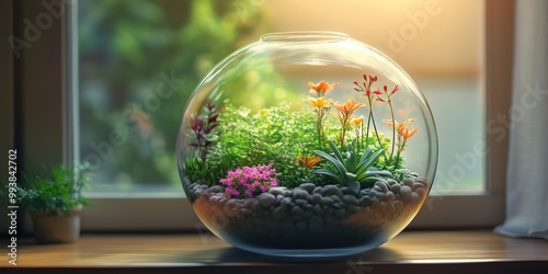 A beautiful glass terrarium filled with vibrant flowers and greenery, illuminated by sunlight.