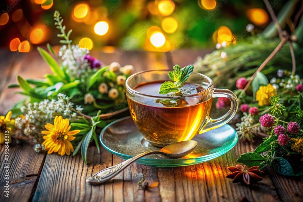 Fototapeta premium Aesthetic Top View of Herbal Tea with Fresh Herbs, Teaspoon, and Teacup on Wooden Background