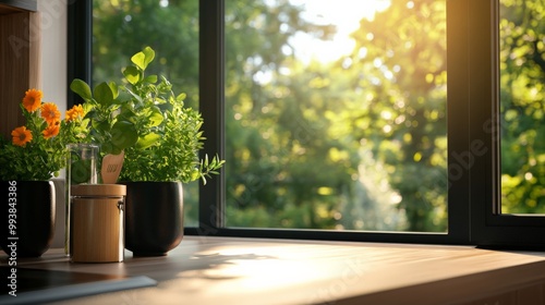 Sunlit kitchen window with potted plants. Bright, natural light enhances the greenery and creates a cozy, refreshing ambiance.