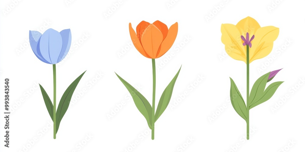 Fototapeta premium Three Colorful Flowers on a Clean White Background