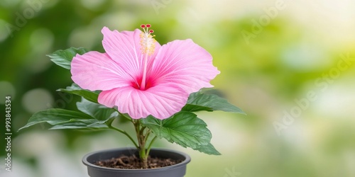 pink hibiscus flower branch on blur green nature background