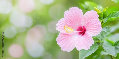 pink hibiscus flower branch on blur green nature background