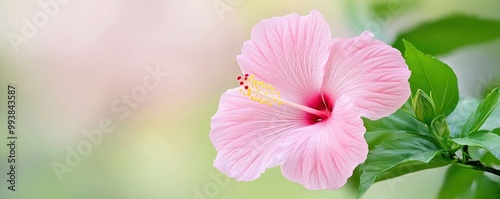 pink hibiscus flower branch on blur green nature background