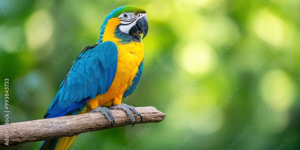 blue and yellow macaw sitting on a branch with blur forest background blue and yellow macaw sitting on a branch with blur forest background