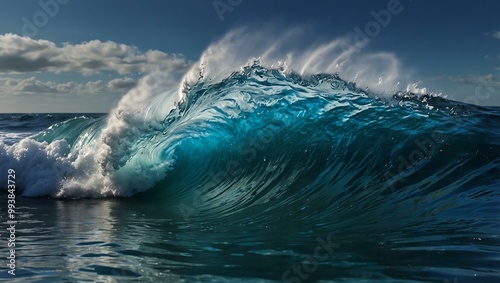 Dynamic ocean wave captured in vibrant blue shades.