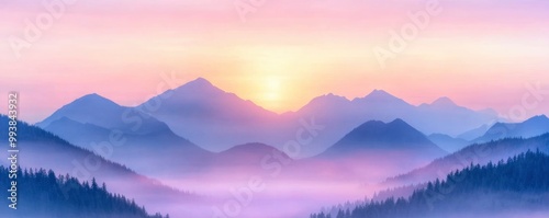 a mountain range with trees and a sunset